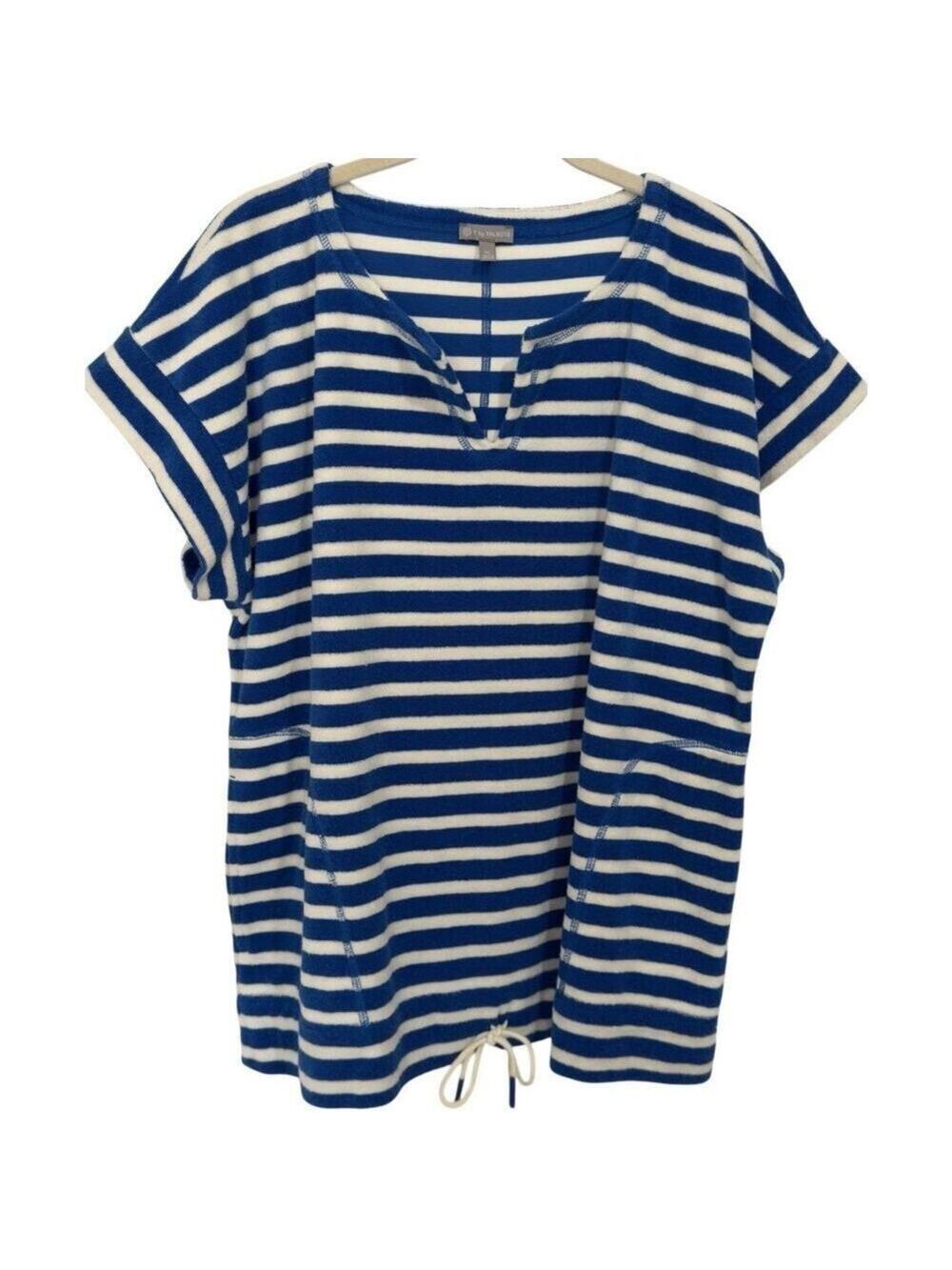 Talbots Women XL Terry Split Neck Drawstring-bottom Tunic Top Blue White Stripe